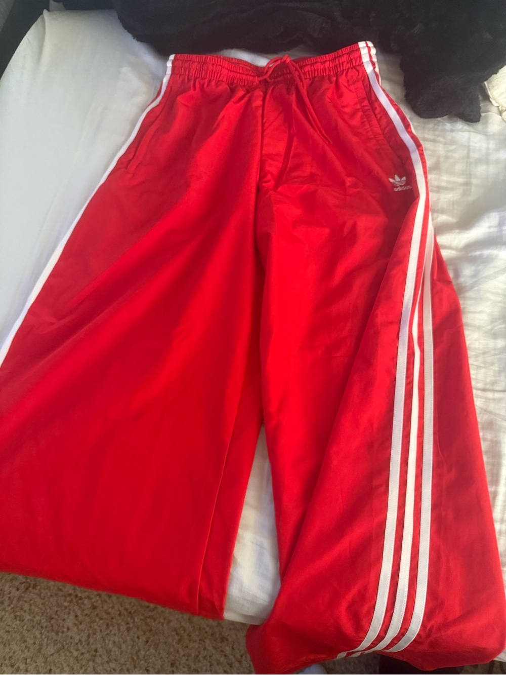 adidas Red Wide-Leg Track Pants with White Stripes